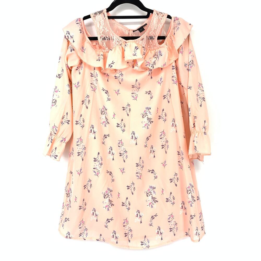Attention Women's Size Medium Ruffled Collar Cold Shoulder Dress Peach Floral